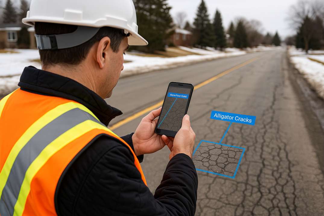 Civil engineer using smartphone with AI overlays to inspect road cracks in snowy Canadian suburb.