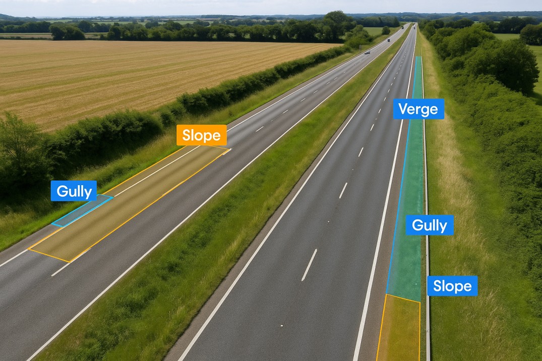 AI vehicle detecting verge overgrowth and drainage blocks on a rural UK road with digital defect overlays.  
