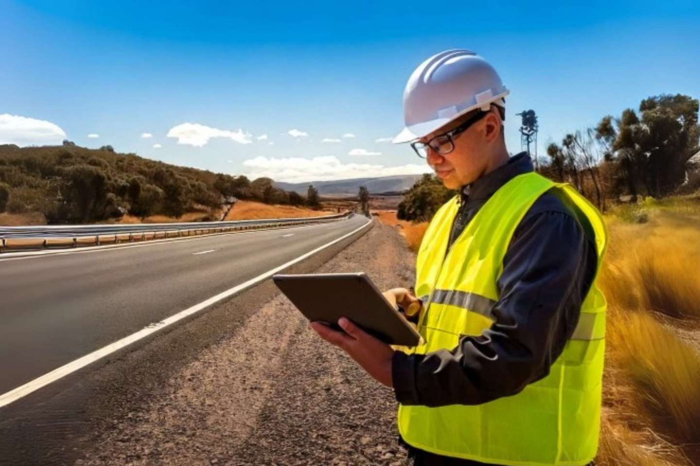 "An engineer from an Australian local council reviewing AI-collected road inventory data on a rugged tablet beside a highway, with visible geotagged features and safety assets highlighted.