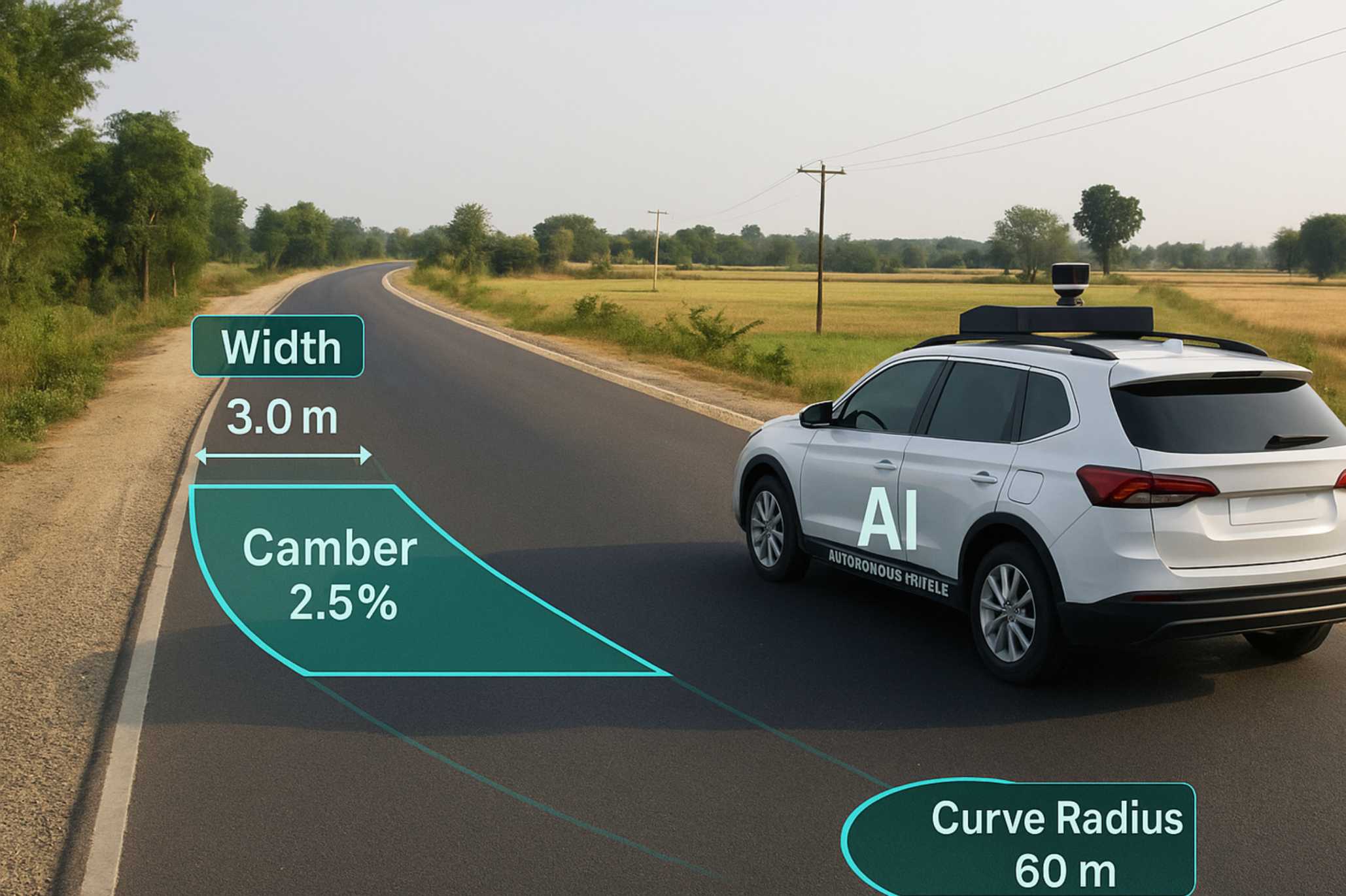 AI scanning PMGSY road with width, camber, and curve radius overlays.