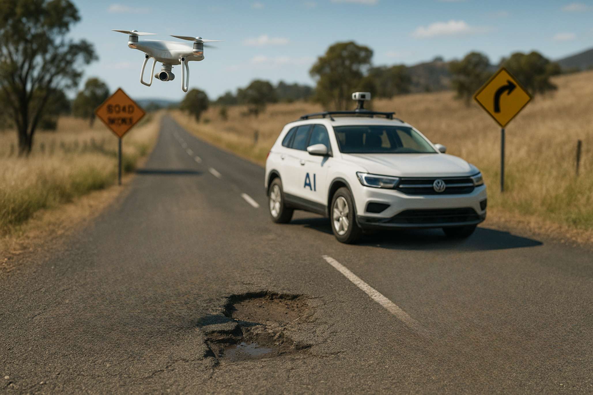 AI vehicle inspects rural Australian road with potholes, aided by drone.