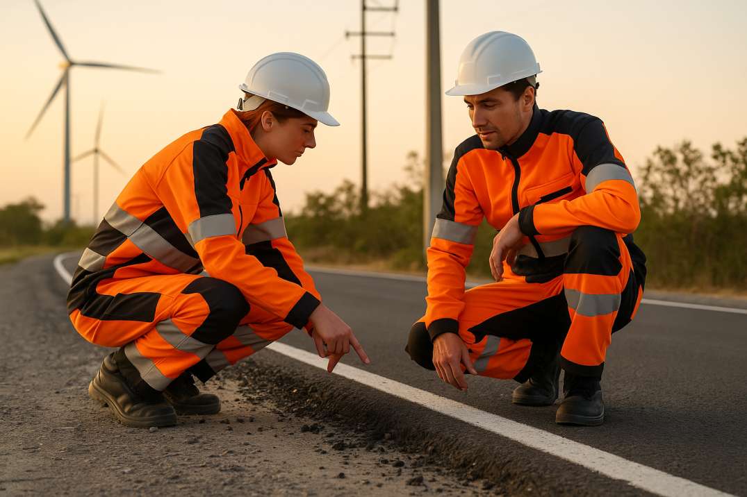 Two road engineers in safety gear inspect the edge of a newly paved rural road at sunset.