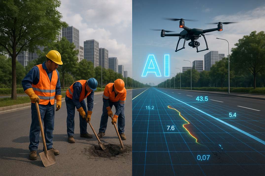 Split image of manual roadwork and AI drone road scanning.
