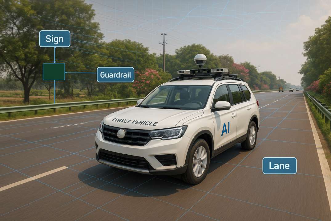AI survey vehicle on Indian highway detecting road assets with digital overlay tags.  