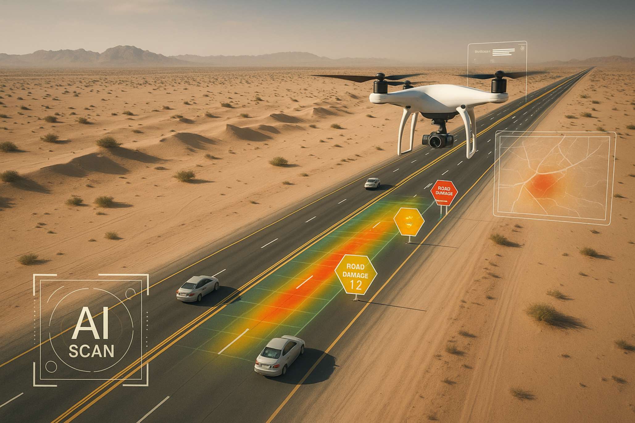 Drone scanning desert highway for road damage using AI with real-time heatmap and digital overlays. 