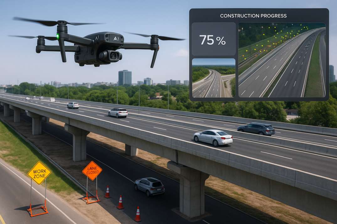 AI drone monitoring flyover construction with progress dashboard.