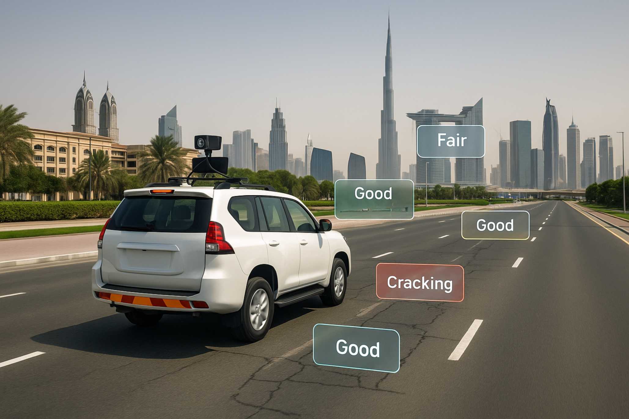 AI vehicle scanning Dubai road with pavement condition overlays.   