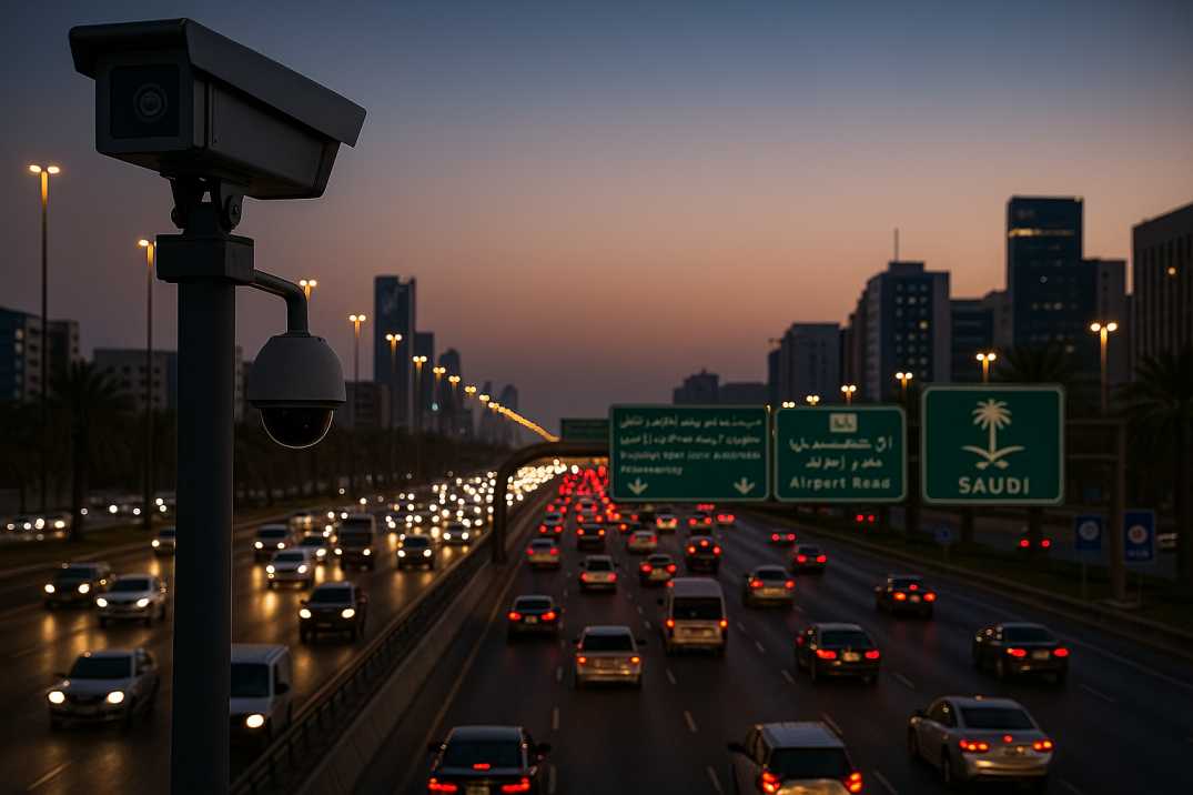 AI traffic camera monitoring vehicles on a busy Saudi highway at sunset.