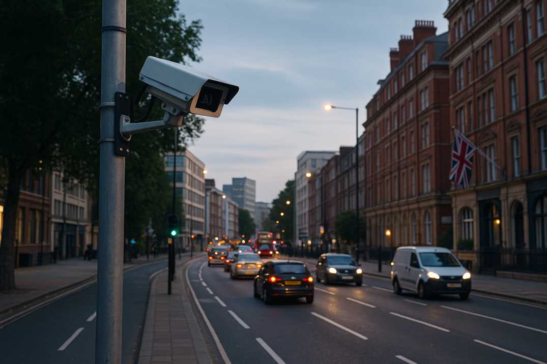 AI surveillance camera monitoring evening traffic on a London street.