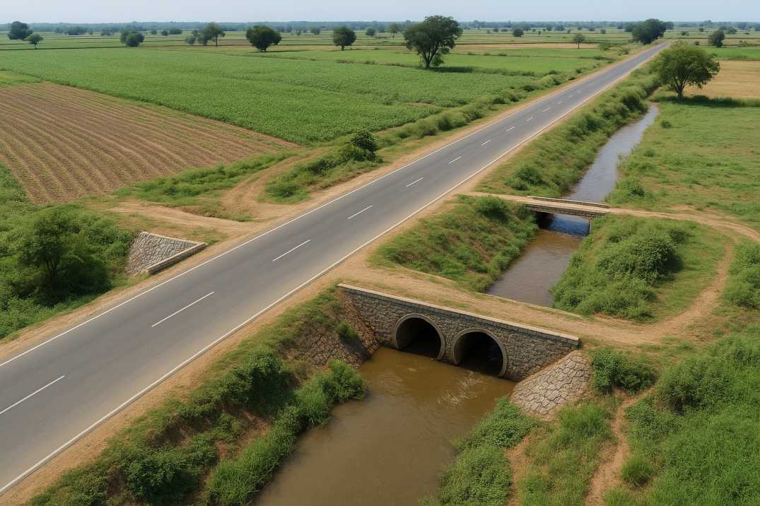  A rural highway in India with a small canal bridge and surrounding farmland