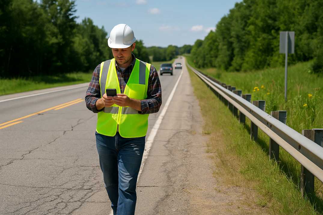 Engineer inspecting highway safety features.  