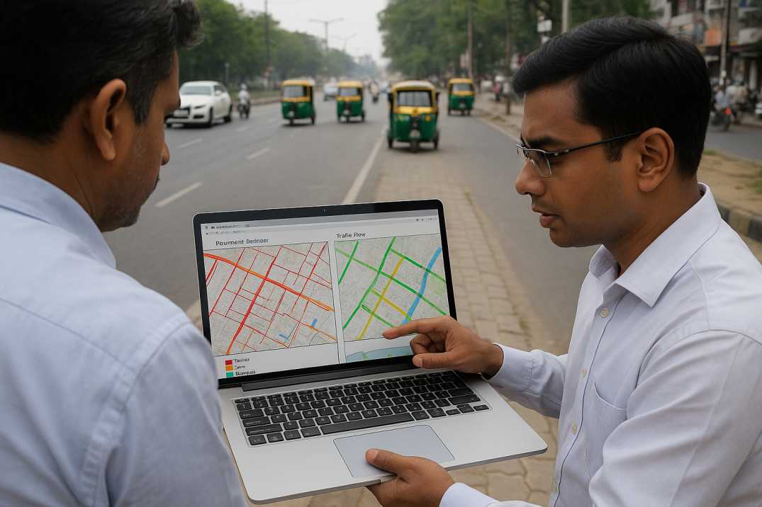 ChatGPT said: Engineers analyzing GIS road condition and traffic maps on a laptop beside a busy Indian urban road