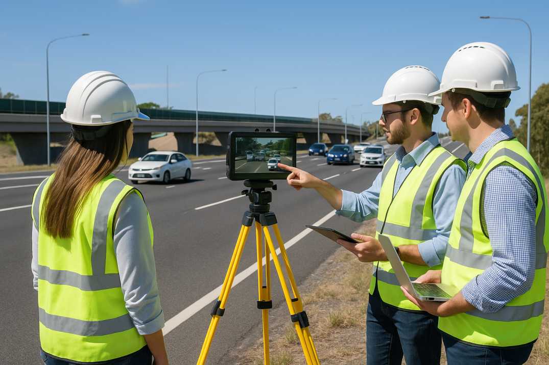Engineers in safety vests using AI traffic monitoring equipment on an Australian highway.