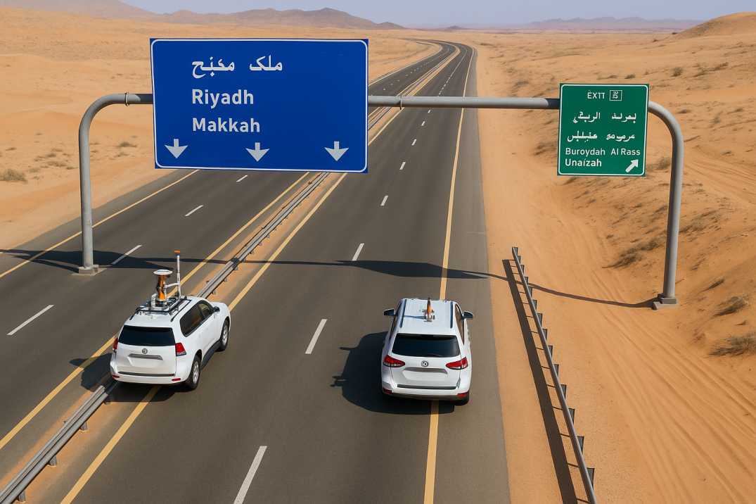 Drone view of Saudi highway with AI survey vehicles and real city signs to Riyadh, Makkah, and Al Rass.