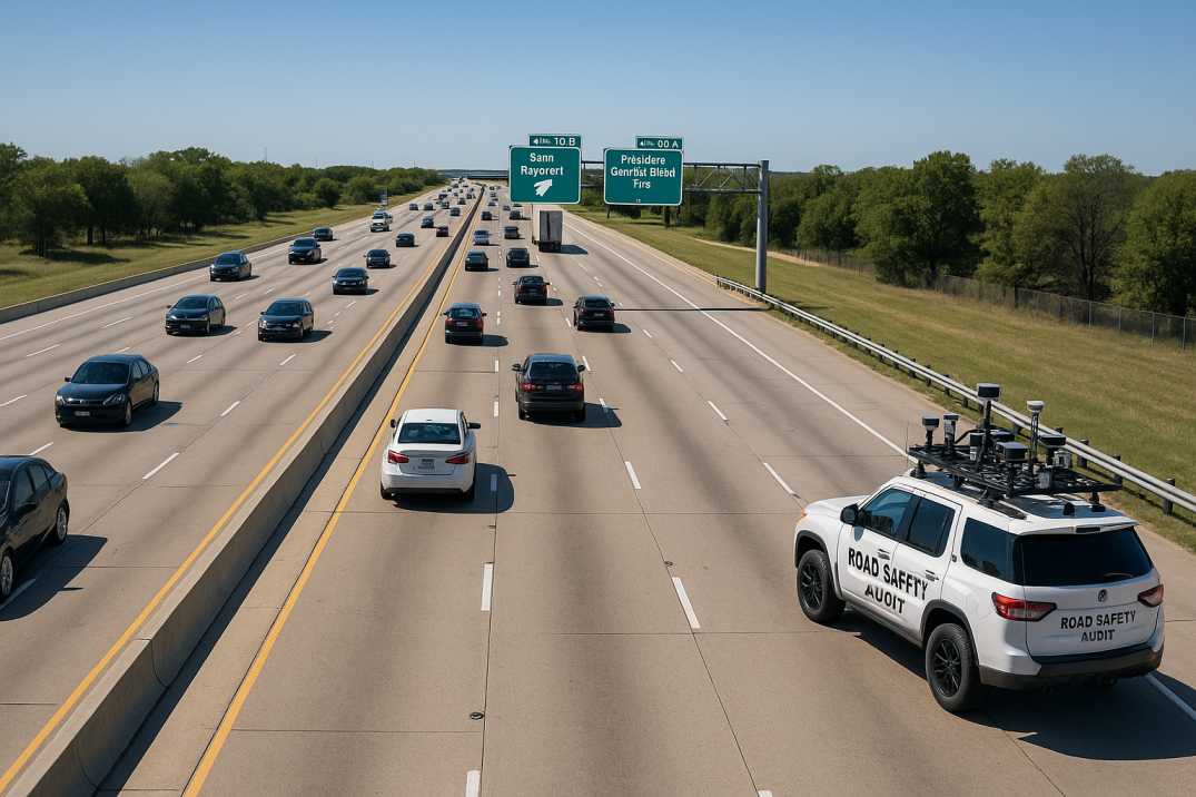 Busy U.S. highway with road safety audit vehicle.