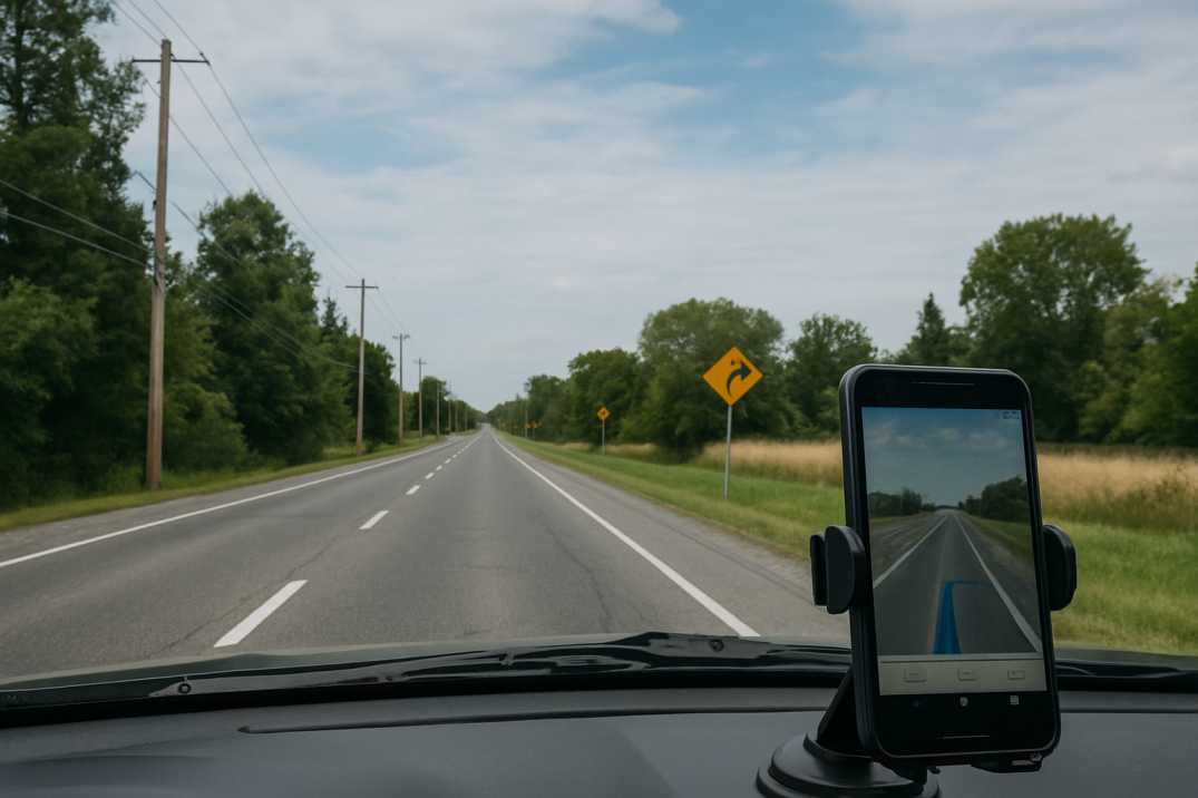 Canadian highway with smartphone road survey view.