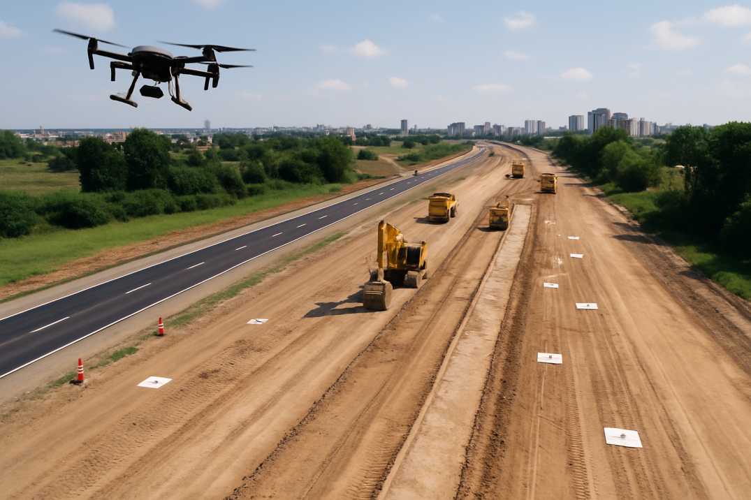ChatGPT said: Drone captures road construction with machinery and markers near city.