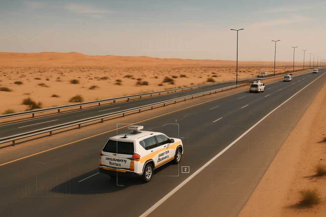 AI survey vehicles inspecting a Saudi highway in a desert landscape. 