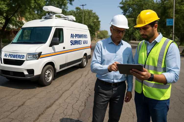 AI survey van inspecting Indian road with engineers checking cracks on tablet