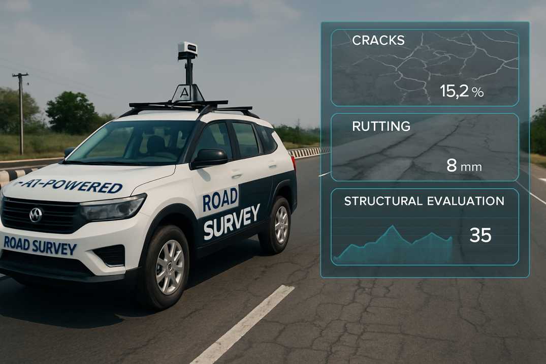 AI-powered road survey vehicle on Indian highway with digital pavement condition overlay.