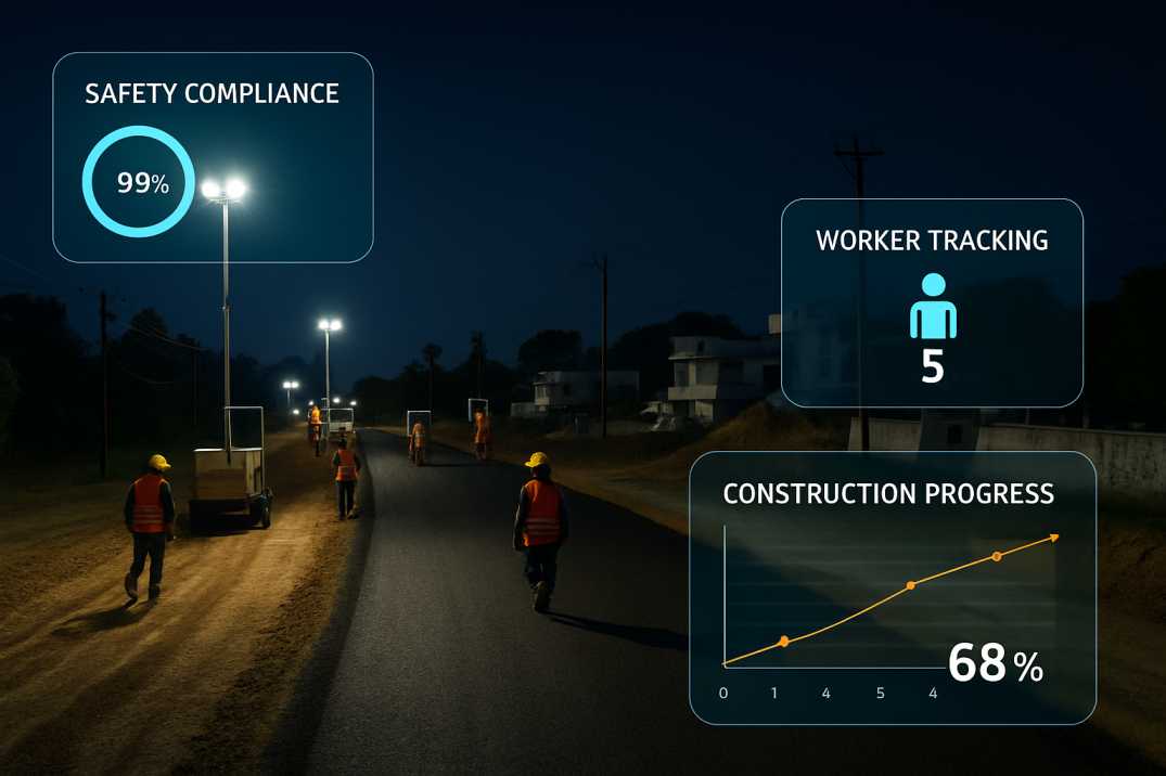Night road construction with AI monitoring.