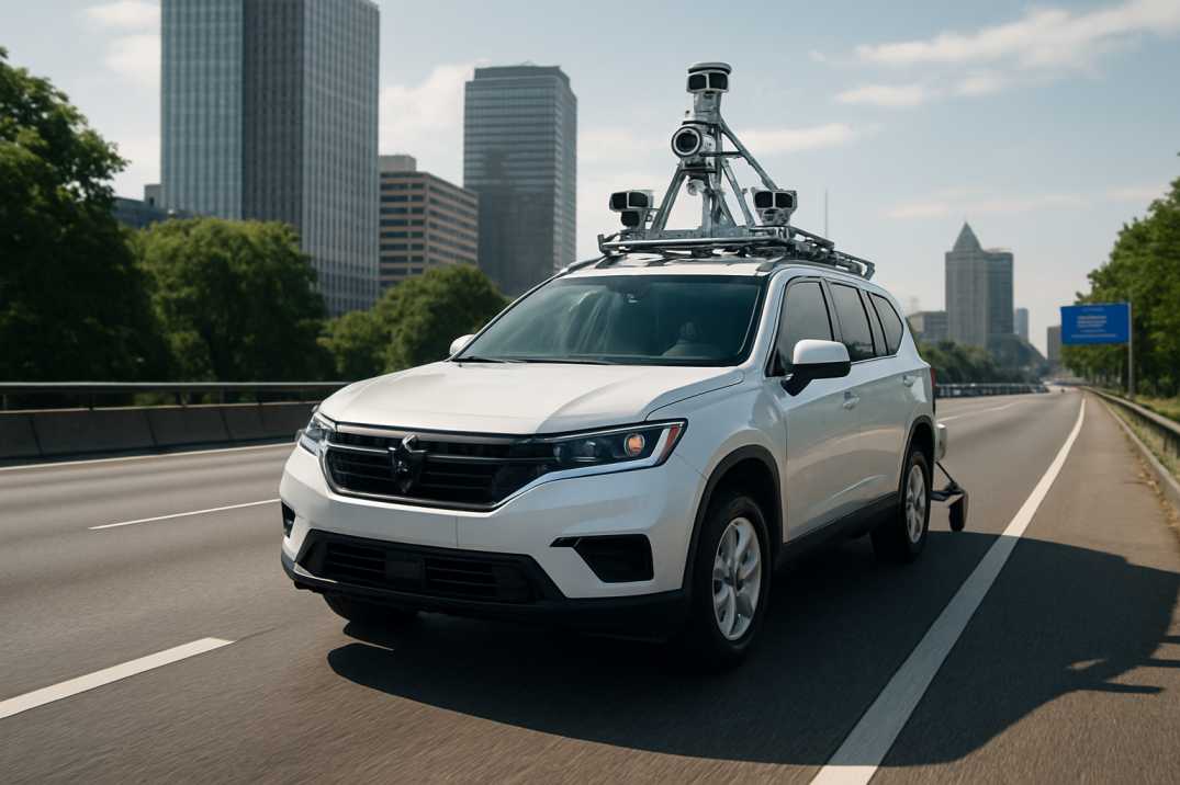 ChatGPT said: AI-powered road inspection vehicle with LiDAR cameras driving on a USA city highway.