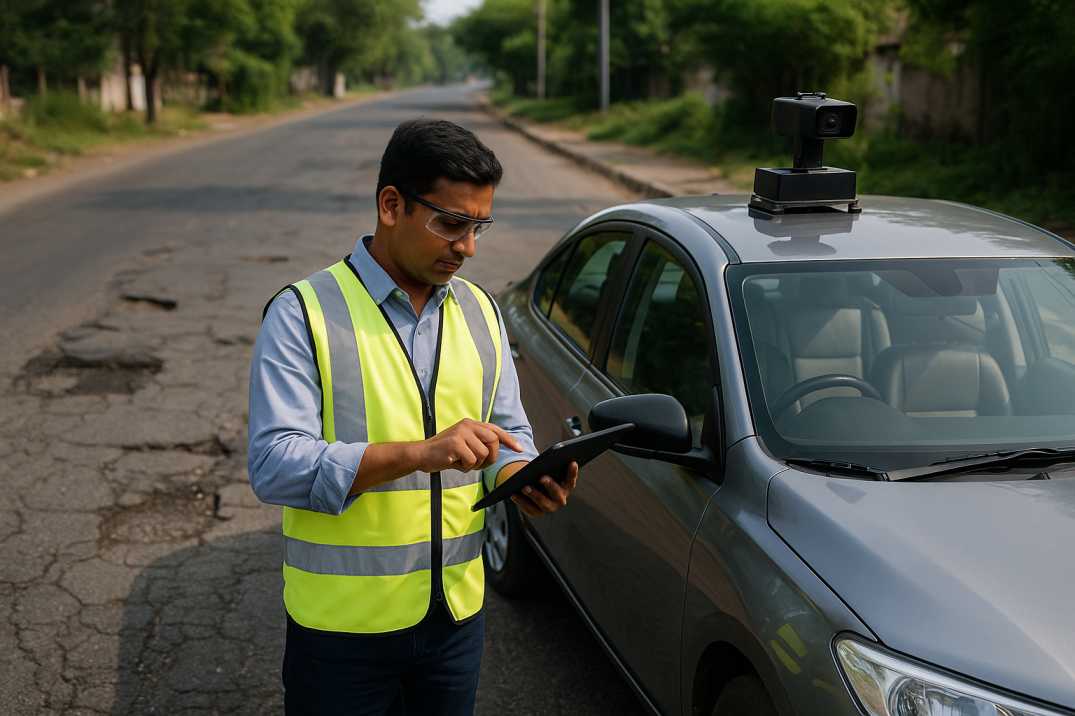 Technician in safety vest using tablet beside AI-equipped car on damaged Indian road.