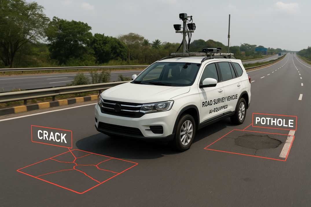 AI-equipped road survey SUV on an Indian highway detecting cracks and potholes.