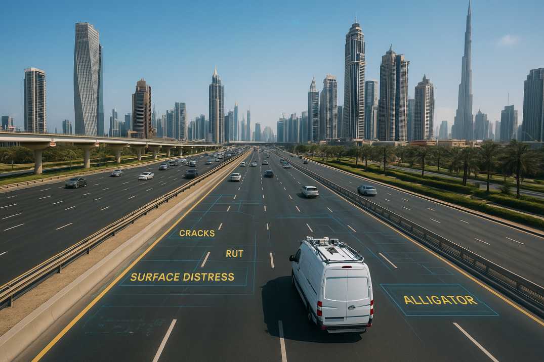 Aerial view of Sheikh Zayed Road in Dubai with AI survey vehicle and digital pavement condition overlays