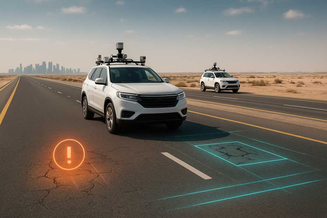 AI-powered survey vehicles inspecting a desert highway in Qatar with digital hazard detection overlays.