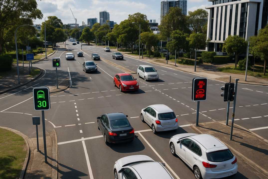 Aerial view of an Australian city intersection with AI-controlled traffic lights and vehicles in motion