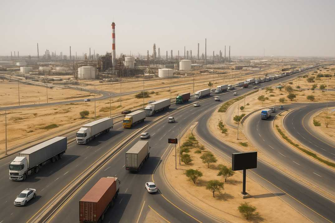 Aerial view of trucks and cars on a highway in a Saudi Arabian industrial zone with oil refineries in the background.