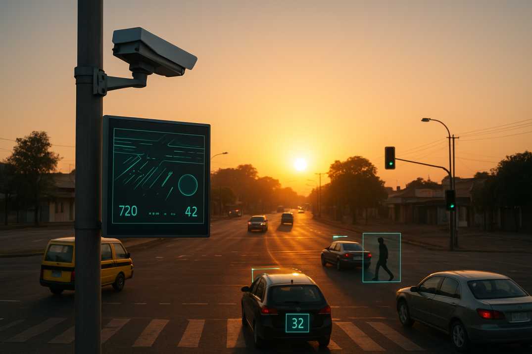 Urban African intersection at sunrise with AI traffic cameras, sensors, and real-time data overlays.