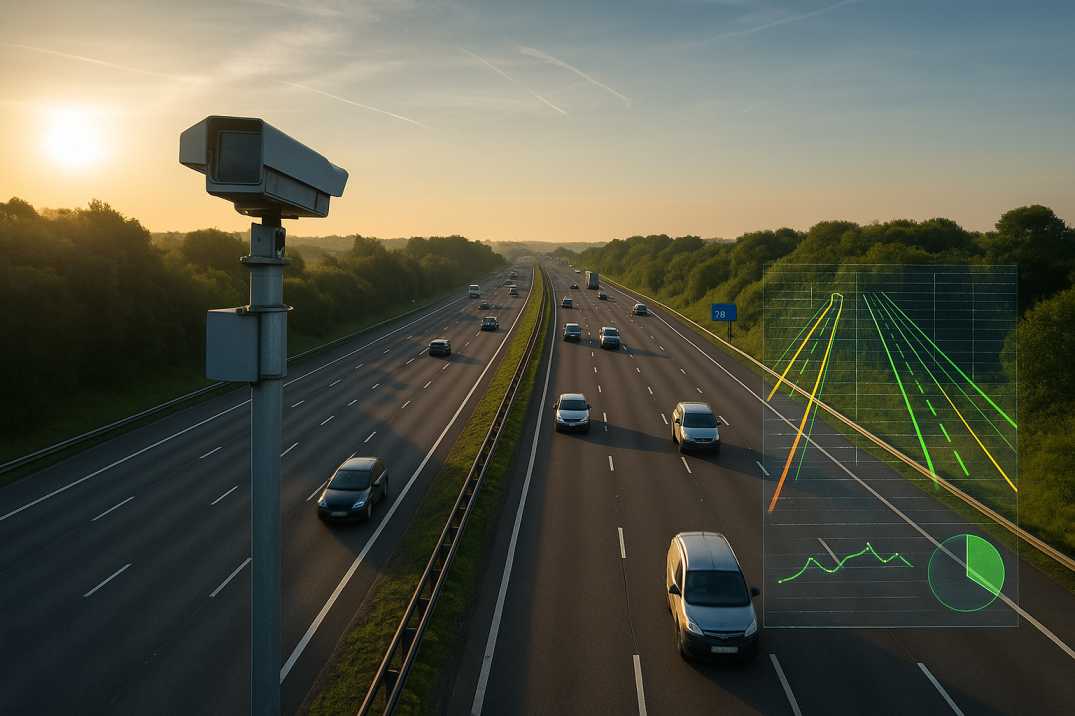 Aerial stock image of a UK motorway section under inspection, featuring mounted sensors and cameras collecting data, overlaid with digital pavement condition indicators.