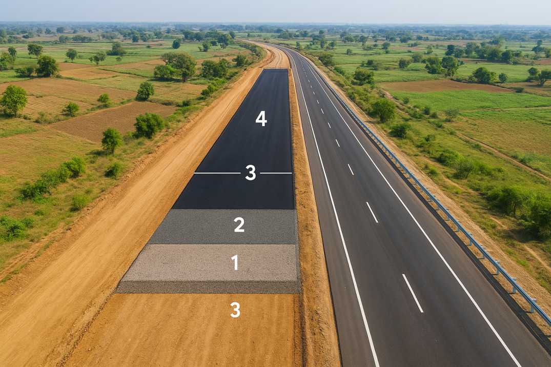 High-res aerial view of Indian highway construction with pavement layers and design spec overlays.