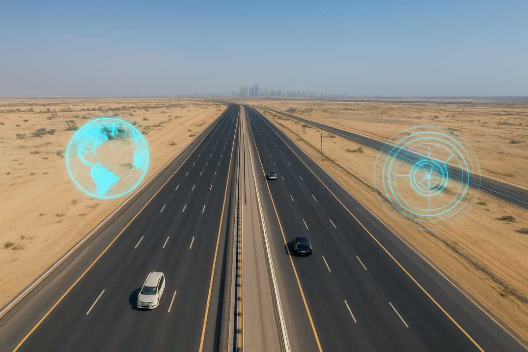Aerial view of a desert highway in Qatar with digital AI overlay graphics.