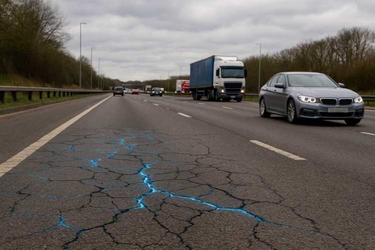 UK highway with visible pavement cracks highlighted in blue under cloudy skies.