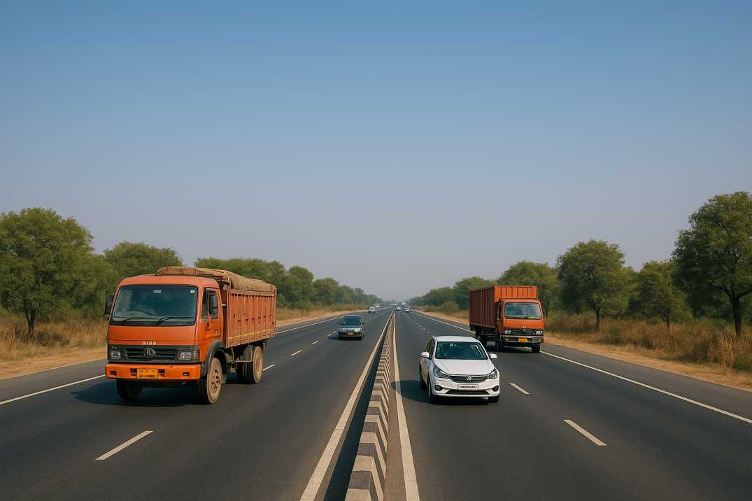 Four-lane Indian highway with cars and trucks driving between green trees under a clear blue sky.