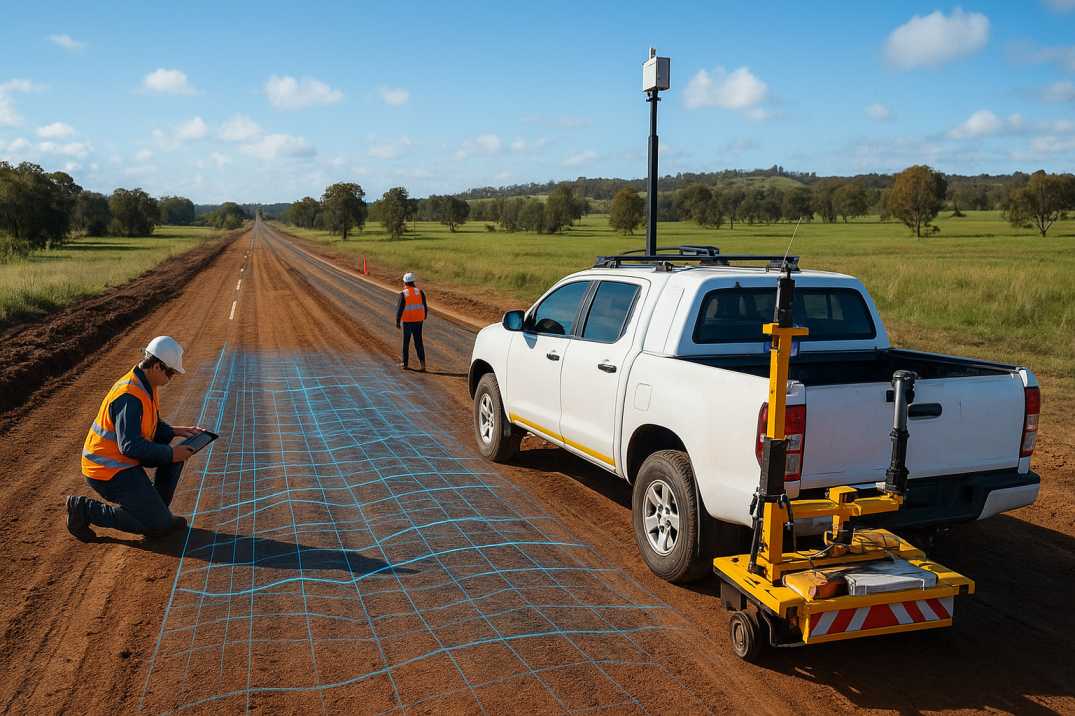 Engineers using a survey vehicle with ground-penetrating radar to map pavement subgrade on a rural Australian road.