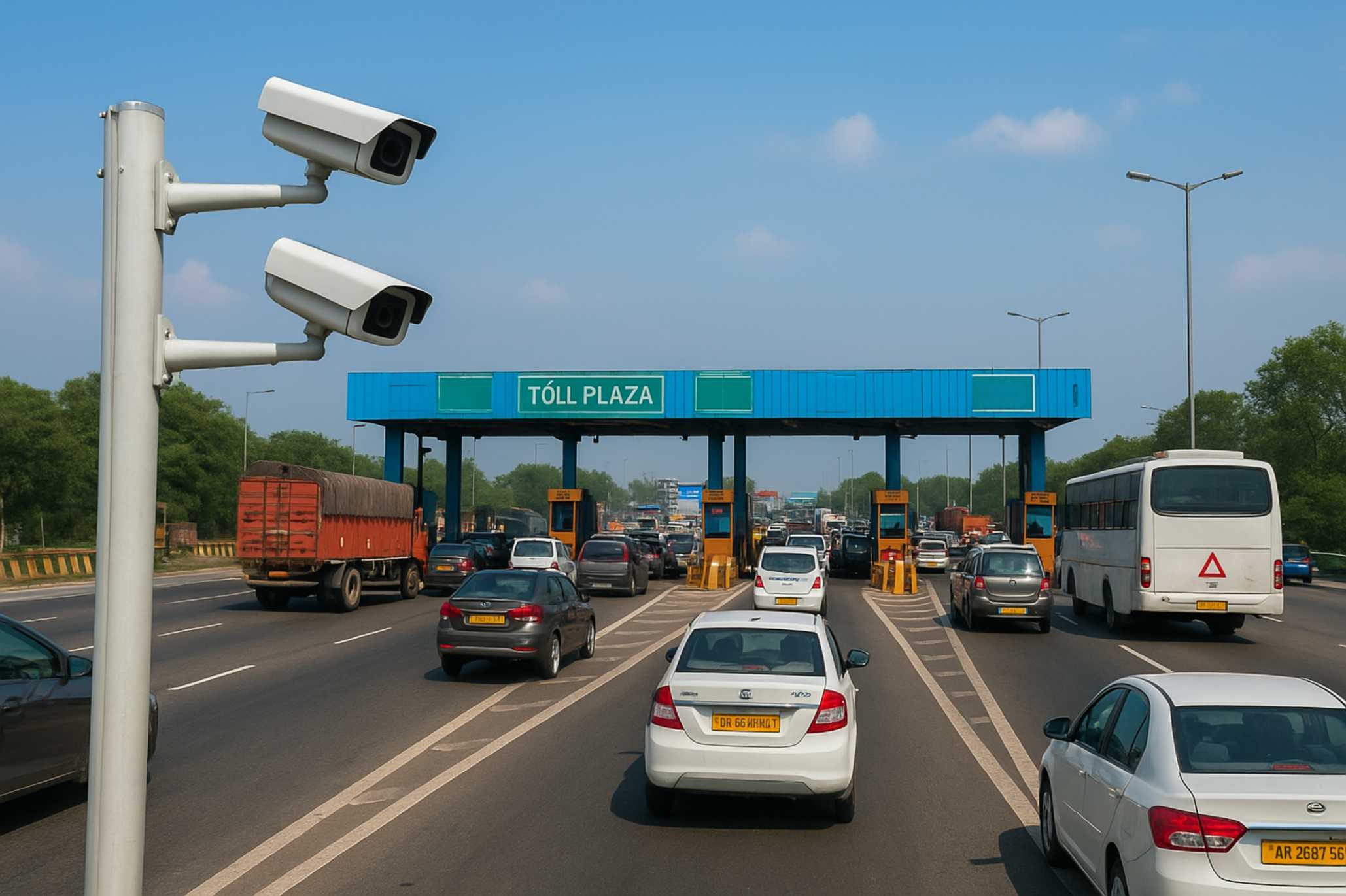 Indian toll plaza on Delhi–Gurgaon Expressway with smart cameras, digital tolling, and AI traffic overlays.