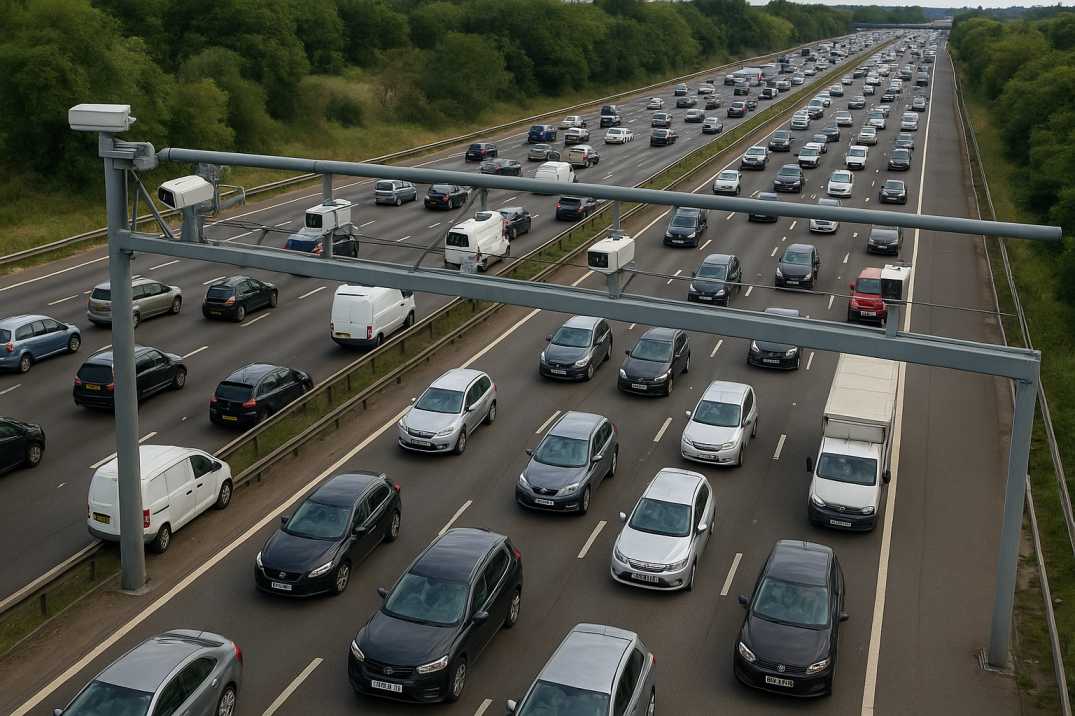 Aerial view of the M25 motorway near London with heavy traffic and AI monitoring cameras on gantries.