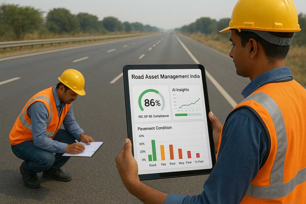 Two civil engineers on an Indian highway, one holding a tablet with road asset data and the other writing on a clipboard.