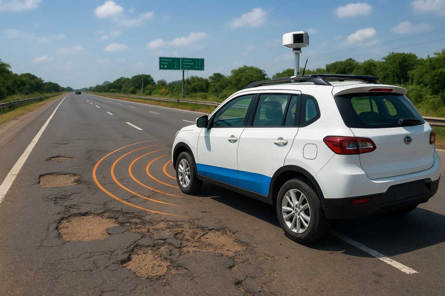 Street-level image of an Indian highway with cracks and potholes, scanned by a RoadVision AI vehicle with cameras.