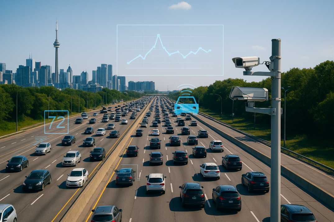 Aerial view of a busy Toronto highway with AI-powered traffic monitoring cameras and digital data overlays