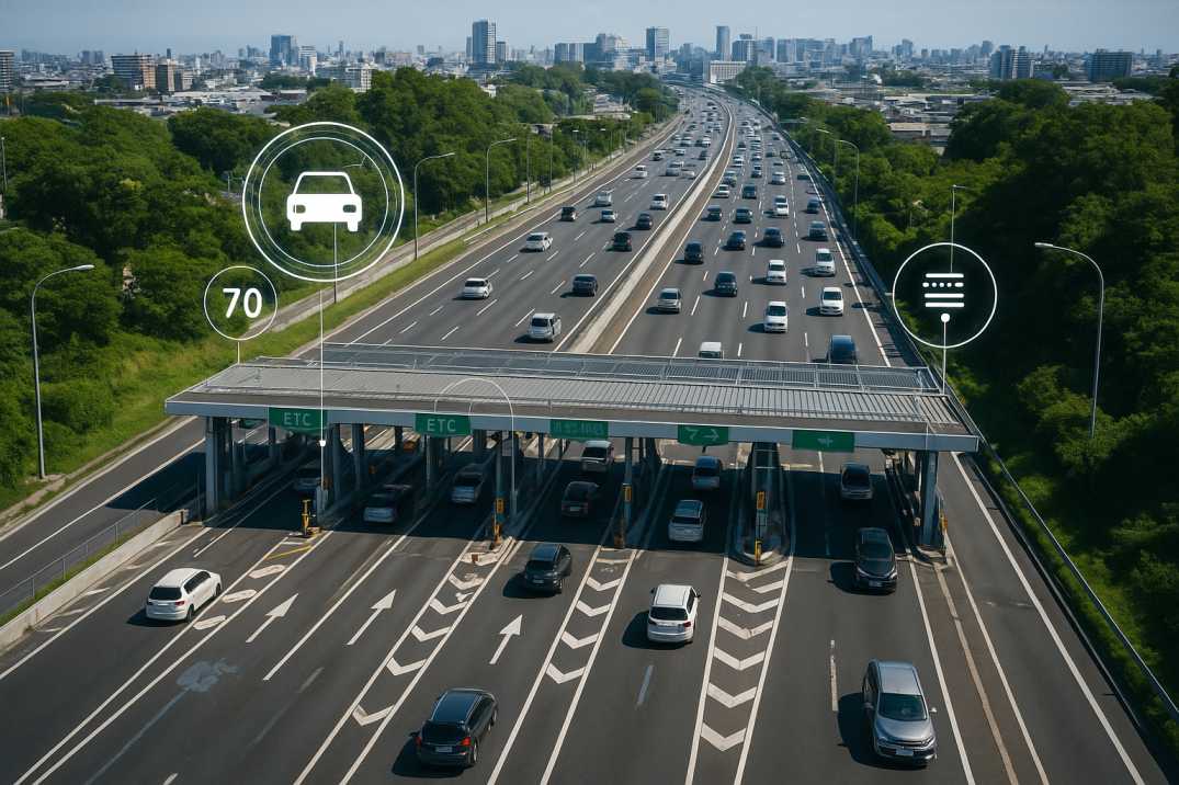 Aerial view of Japan’s Tomei Expressway with toll gates, AI smart sensors, and smooth traffic flow under digital monitoring systems.