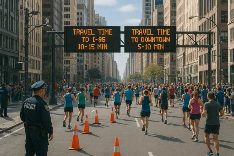 Marathon runners on a busy U.S. city street with traffic cones, police, and overhead digital traffic signs.