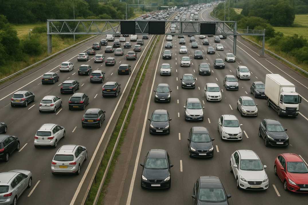 Aerial view of heavy traffic on the UK M25 motorway with clear lane markings and overhead gantries.