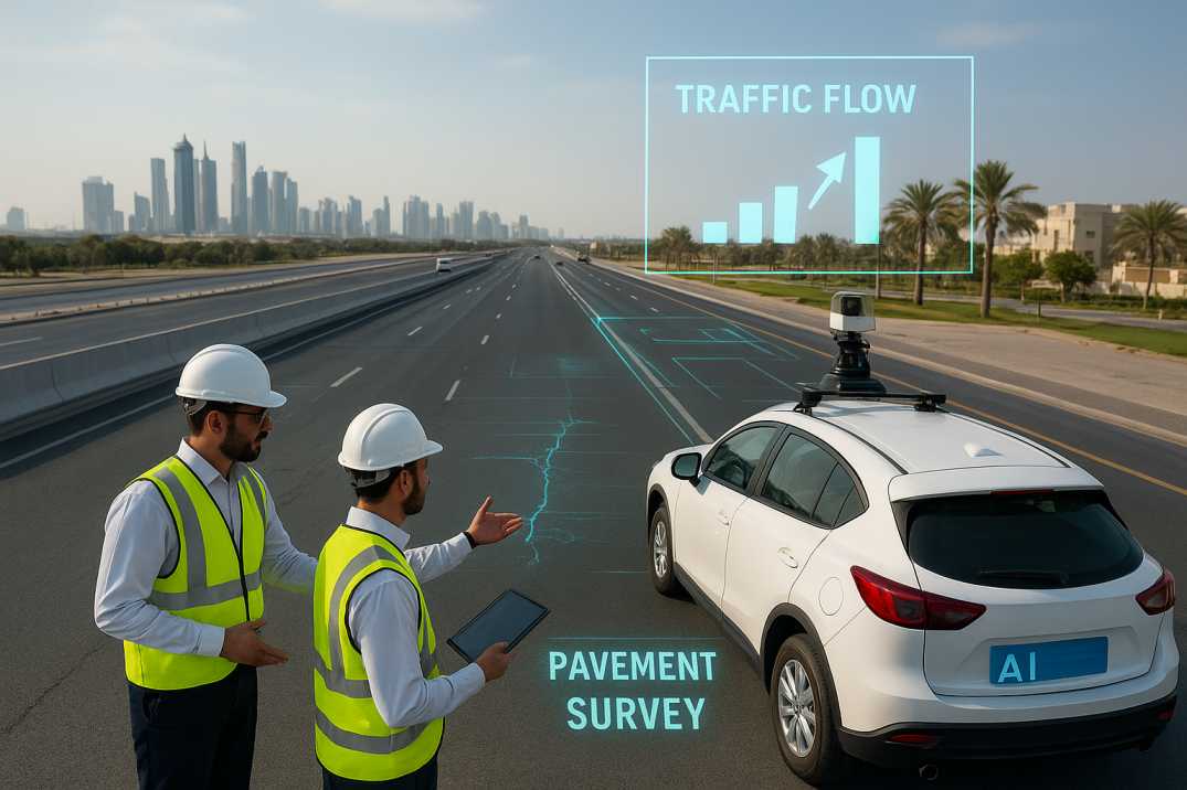 Engineers on a Qatari highway using an AI survey vehicle with digital overlays showing pavement cracks, traffic flow, and asset data