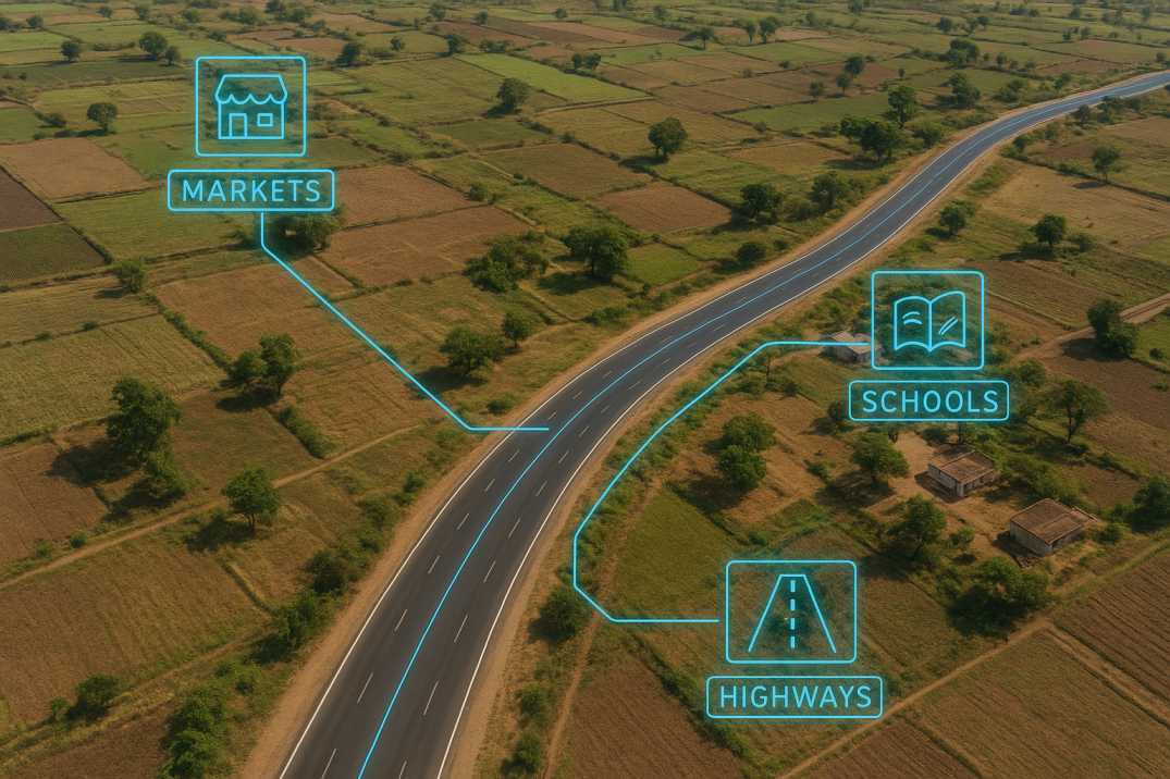 Aerial view of a rural road in India with AI overlays showing connectivity to markets, schools, and highways.