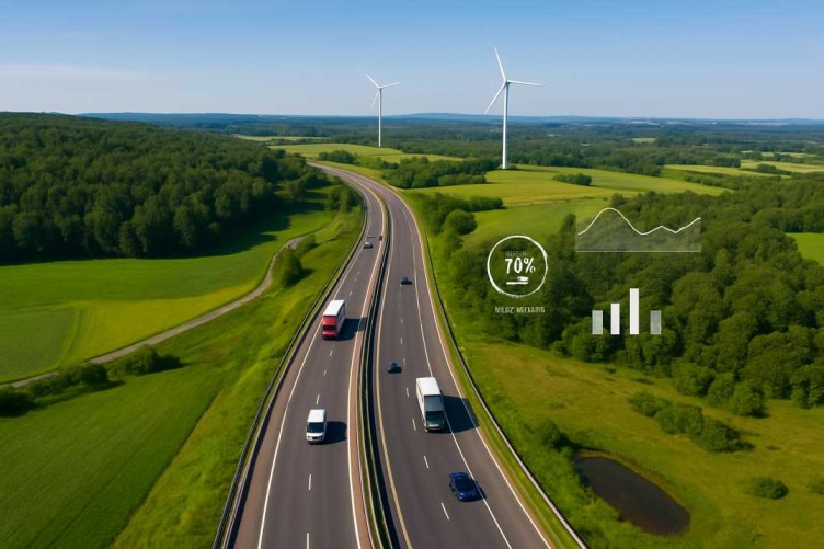Aerial view of a highway cutting through green fields and forests with wind turbines in the background.